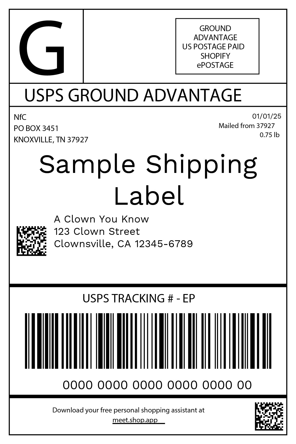 USPS Ground Advantage shipping label with address details and barcode showing how Clown Nose in a Box is shipped anonymously.