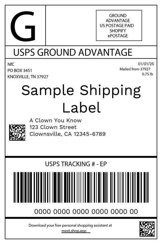 USPS Ground Advantage shipping label with address details and barcode showing how Clown Nose in a Box is shipped anonymously.